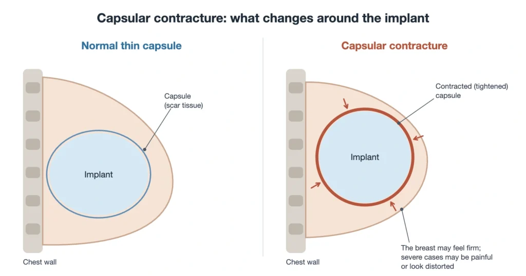 Schematic comparing a normal thin capsule with capsular contracture around a breast implant