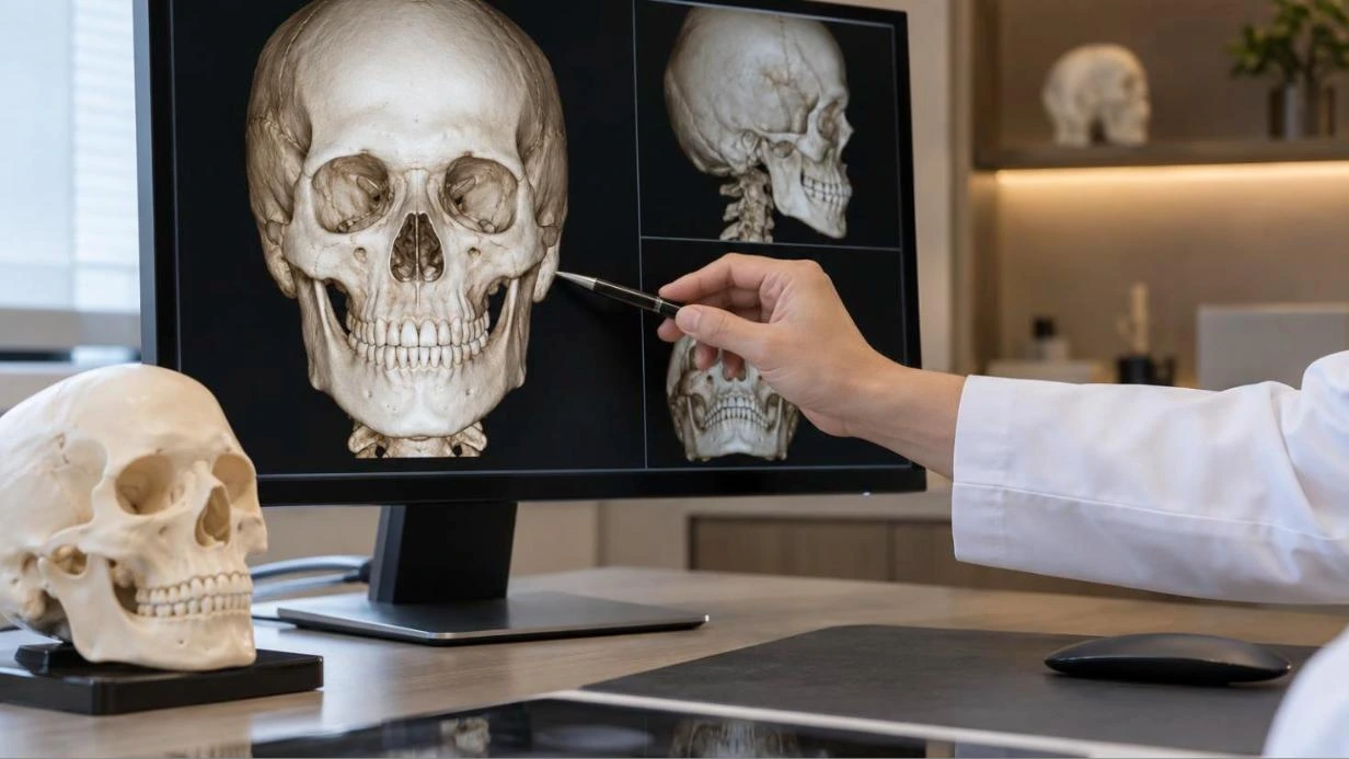 Солонгост нүүрний яс засал: мэс засалч нүүрний ясны 3D CT дүрсийг дэлгэц дээр үзэж буй байдал