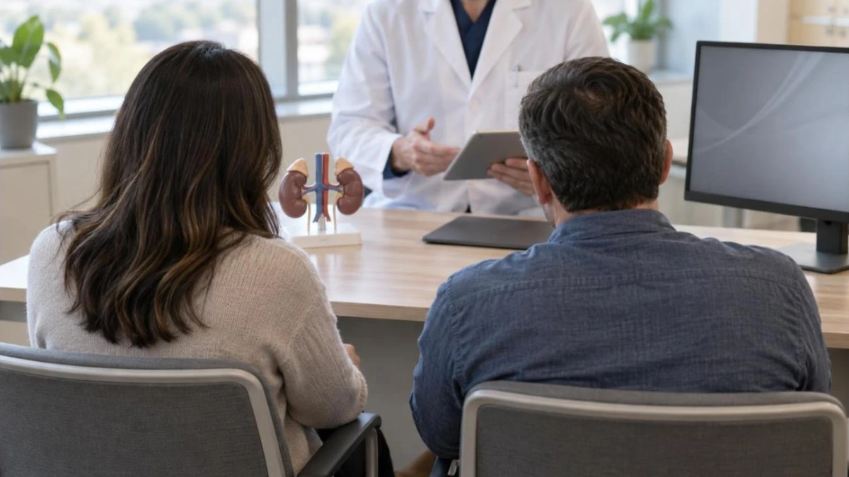 Two adults seen from behind at a hospital consultation desk with a clinician holding a tablet and a kidney model on the desk
