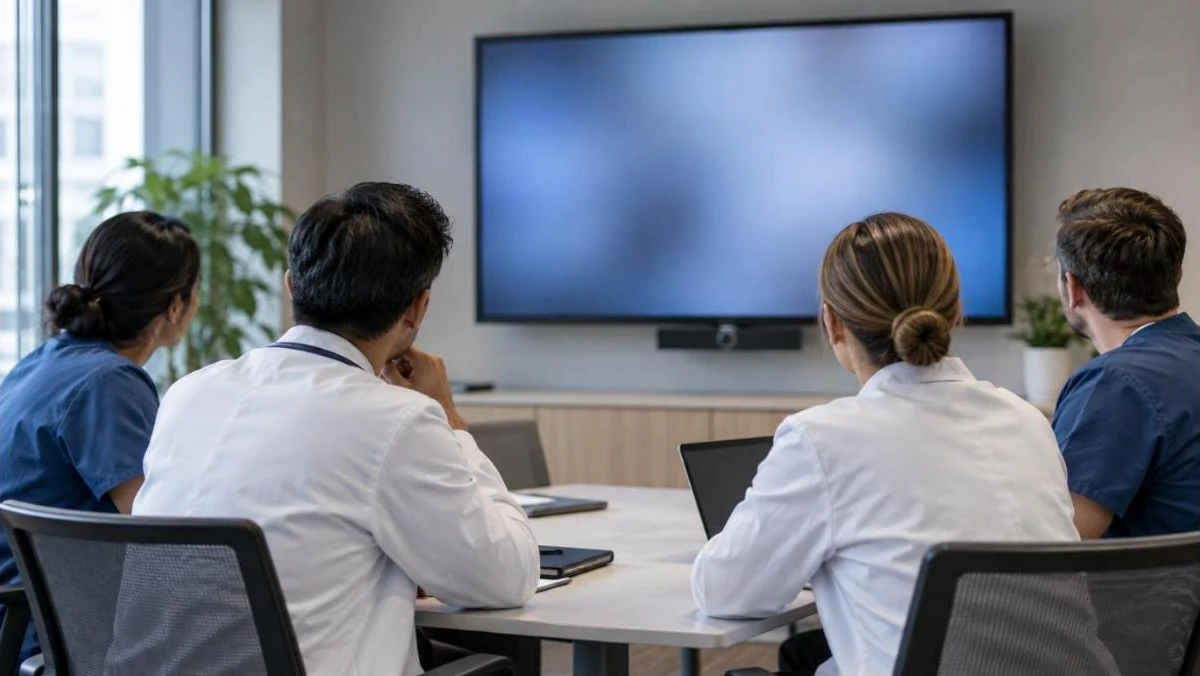 Liver cancer treatment in Korea: clinicians in white coats and scrubs seated around a table at a hospital meeting, seen from behind, facing a blank wall display