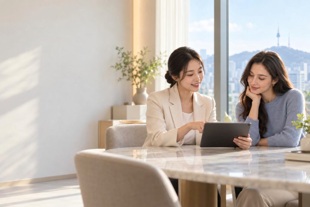 International patient reviewing information with a coordinator in Seoul (AI-generated illustration)
