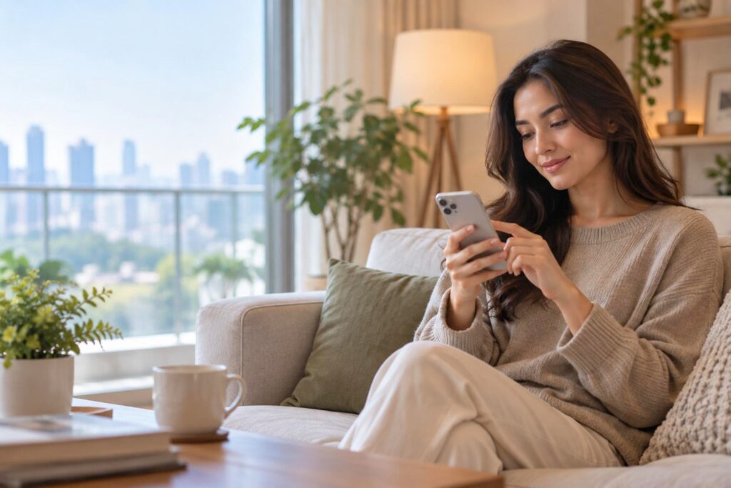 Woman sending a first inquiry from her phone at home (AI-generated illustration)