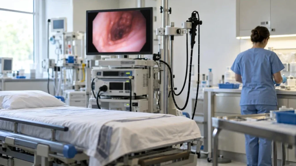 Hospital endoscopy suite with an empty bed, an endoscopy tower and monitor, and a nurse seen from behind preparing equipment