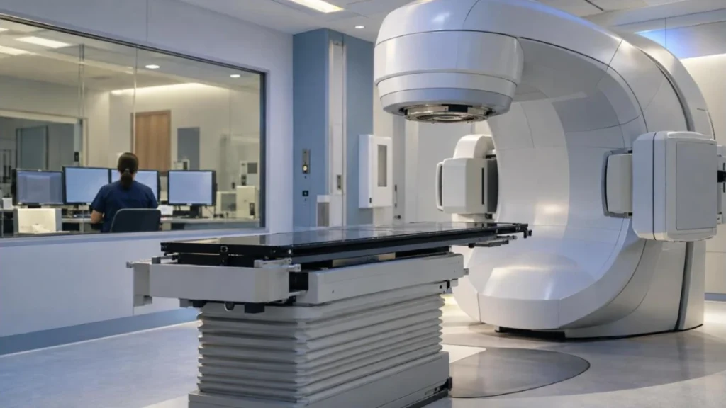 Empty radiotherapy treatment room with a linear accelerator and treatment couch, with a staff member seen from behind at the control console