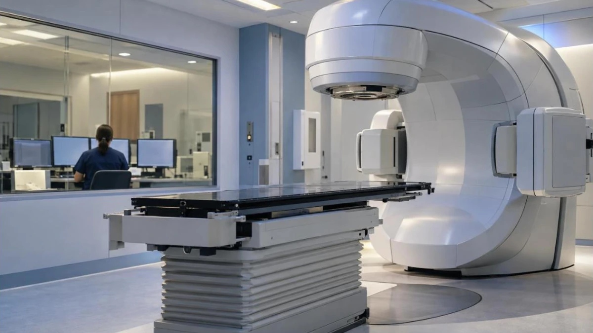 Empty radiotherapy treatment room with a linear accelerator and treatment couch, with a staff member seen from behind at the control console