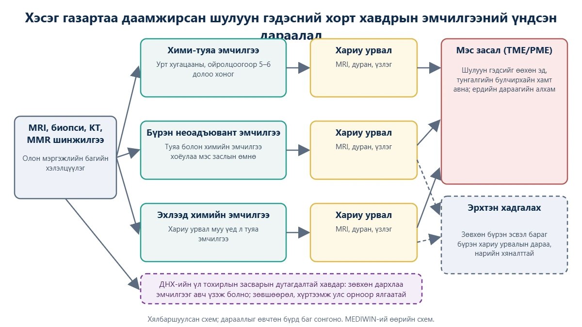 Хэсэг газартаа даамжирсан шулуун гэдэсний хорт хавдрын эмчилгээний үндсэн дарааллын схем: хими-туяа эмчилгээ, бүрэн неоадъювант эмчилгээ эсвэл эхлээд химийн эмчилгээ, хариу урвалын үнэлгээ, мэс засал эсвэл эрхтэн хадгалах