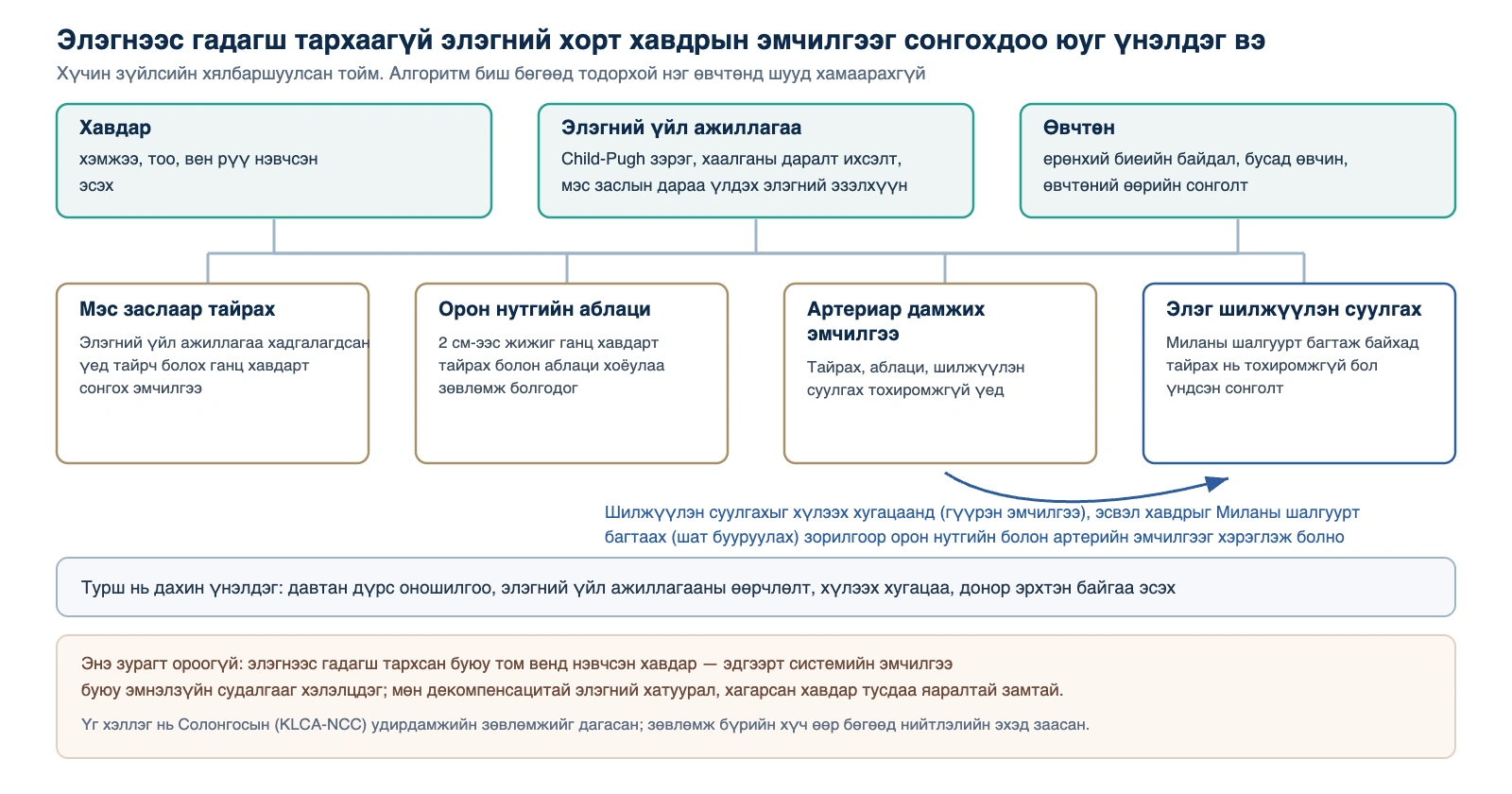 Солонгост элэгний хорт хавдрын эмчилгээ: тайрах, орон нутгийн аблаци, артериар дамжих эмчилгээ, элэг шилжүүлэн суулгахыг сонгохдоо үнэлдэг хавдар, элэгний үйл ажиллагаа, өвчтөний хүчин зүйлсийн схем